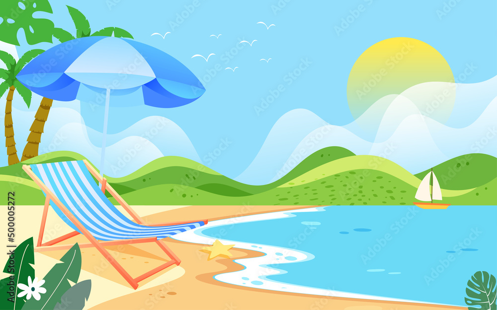 Obraz premium Boy sunbathing by the beach in summer, vector illustration
