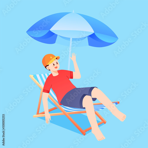 Boy sunbathing by the beach in summer  vector illustration