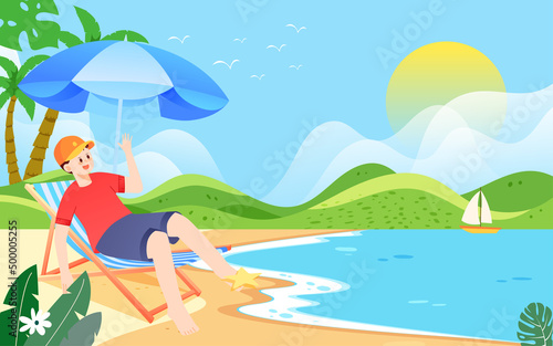 Boy sunbathing by the beach in summer, vector illustration