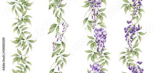 Set of vertical seamless borders with purple wisteria and green leaves. Asian plants. Botanical flower illustration for wedding design, wallpaper, advertising. photo