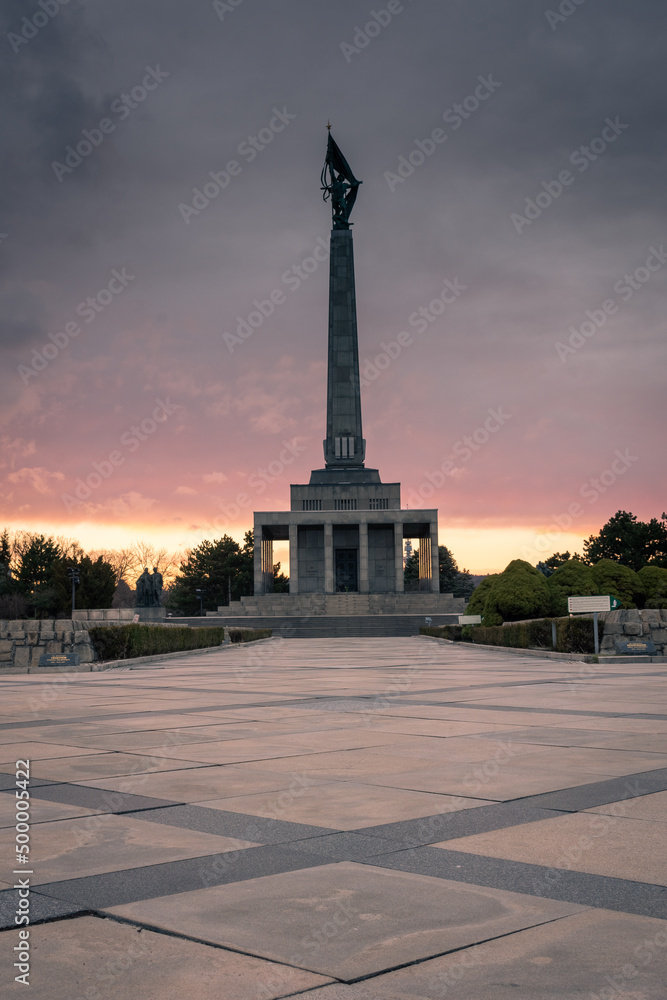 Amazing sunset over the Slavin memorial in Bratislava,  Slovakia, reminiscent of soviet soldiers