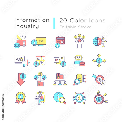 Information industry RGB color icons set. Data management. Knowledge overload. Isolated vector illustrations. Simple filled line drawings collection. Editable stroke. Quicksand-Light font used