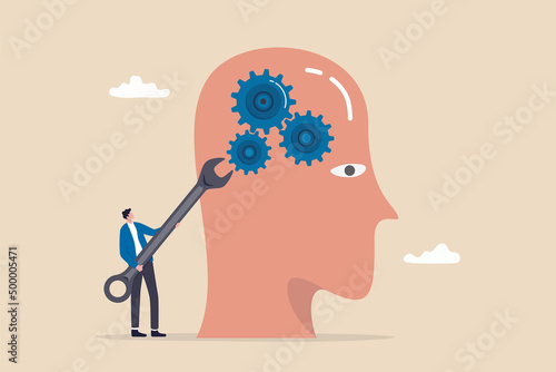 Change mindset or attitude, psychology or brain training to learn new skill to success, mentor or coaching concept, businessman with wrench to adjust gear cogwheels on human head metaphor of mindset.