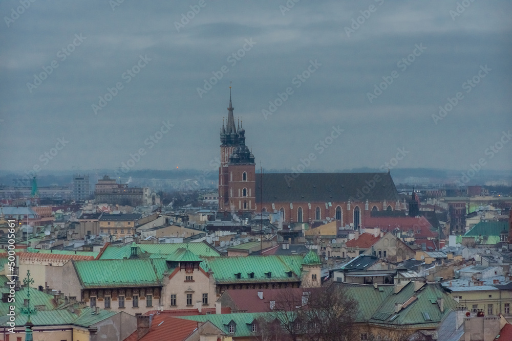 Cloudy cityscape of Krakow,  Poland