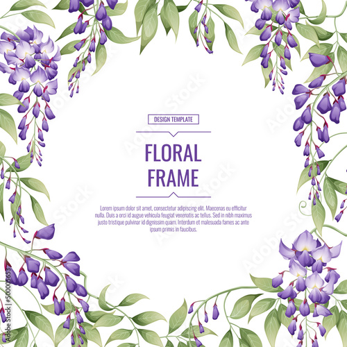 Floral frame with purple wisteria. Square background for the design of invitations, cards, banners, flyers, posters