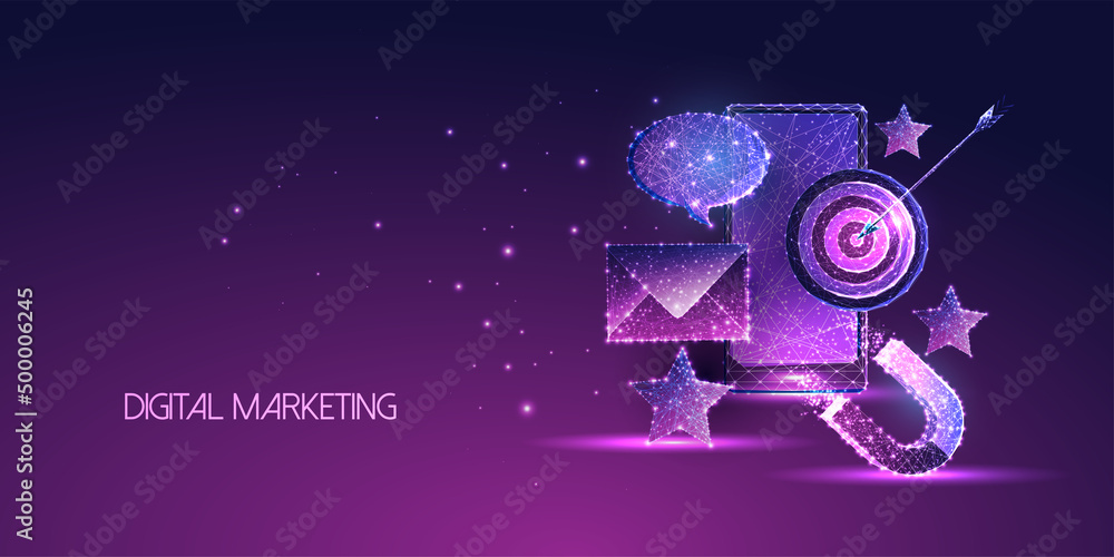 Futuristic digital marketing, mobile advertising concept banner on purple background