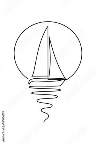 Sailboat in continuous line art drawing style. Sloop sailing boat in calm water against sunset minimalist black linear design isolated on white background. Vector illustration