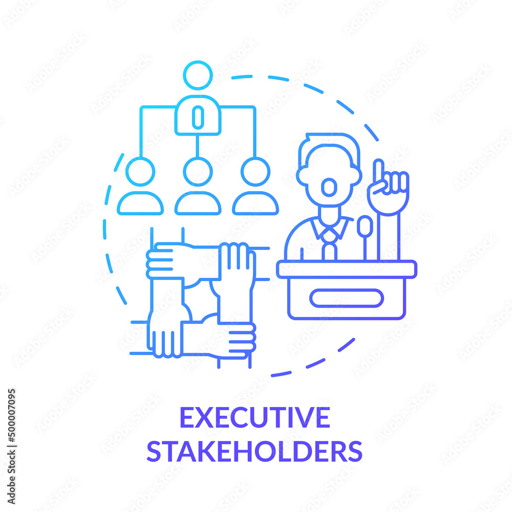 Executive stakeholders blue gradient concept icon. Project management. Type of stakeholder abstract idea thin line illustration. Isolated outline drawing. Myriad Pro-Bold font used Executive stakeholders blue gradient concept icon. Project management. Type of stakeholder abstract idea thin line illustration. Isolated outline drawing. Myriad Pro-Bold font used