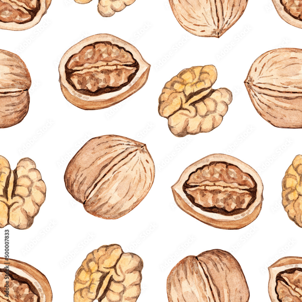 Watercolor walnuts seamless pattern on white background Watercolor walnuts seamless pattern on white background