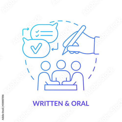 Written and oral blue gradient concept icon. Verbal and nonverbal. Project communication management abstract idea thin line illustration. Isolated outline drawing. Myriad Pro-Bold font used