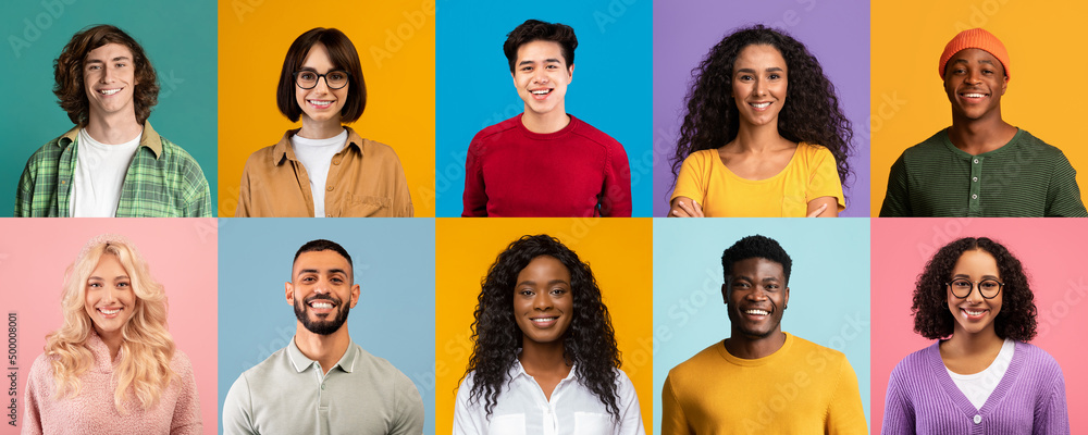 Creative Collage Of Happy Multiethnic Millennials Posing Over Colorful Backgrounds Creative Collage Of Happy Multiethnic Millennials Posing Over Colorful Backgrounds