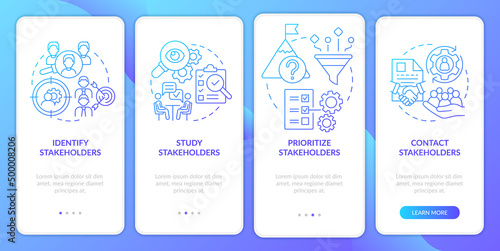 Stakeholder relations steps blue gradient onboarding mobile app screen. Walkthrough 4 steps graphic instructions pages with linear concepts. UI, UX, GUI template. Myriad Pro-Bold, Regular fonts used