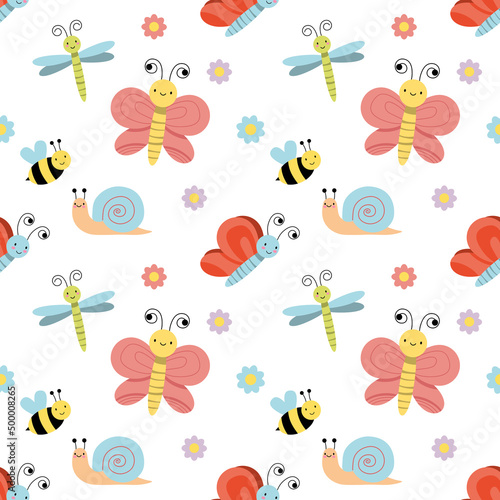 Seamless repeat pattern with fun happy bugs, insects, bee, flowers on a white ground EPS vector