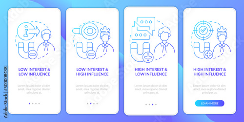Stakeholder mapping blue gradient onboarding mobile app screen. Walkthrough 4 steps graphic instructions pages with linear concepts. UI, UX, GUI template. Myriad Pro-Bold, Regular fonts used