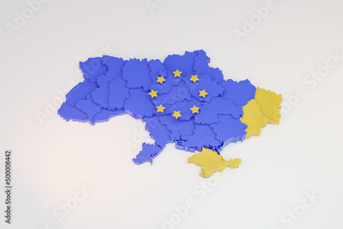 Ukraine joining Europe Union with EU stars. Blue and yellow colors marked regions of Donbass  Donetsk  Luhansk and Crimea 3d Rendering