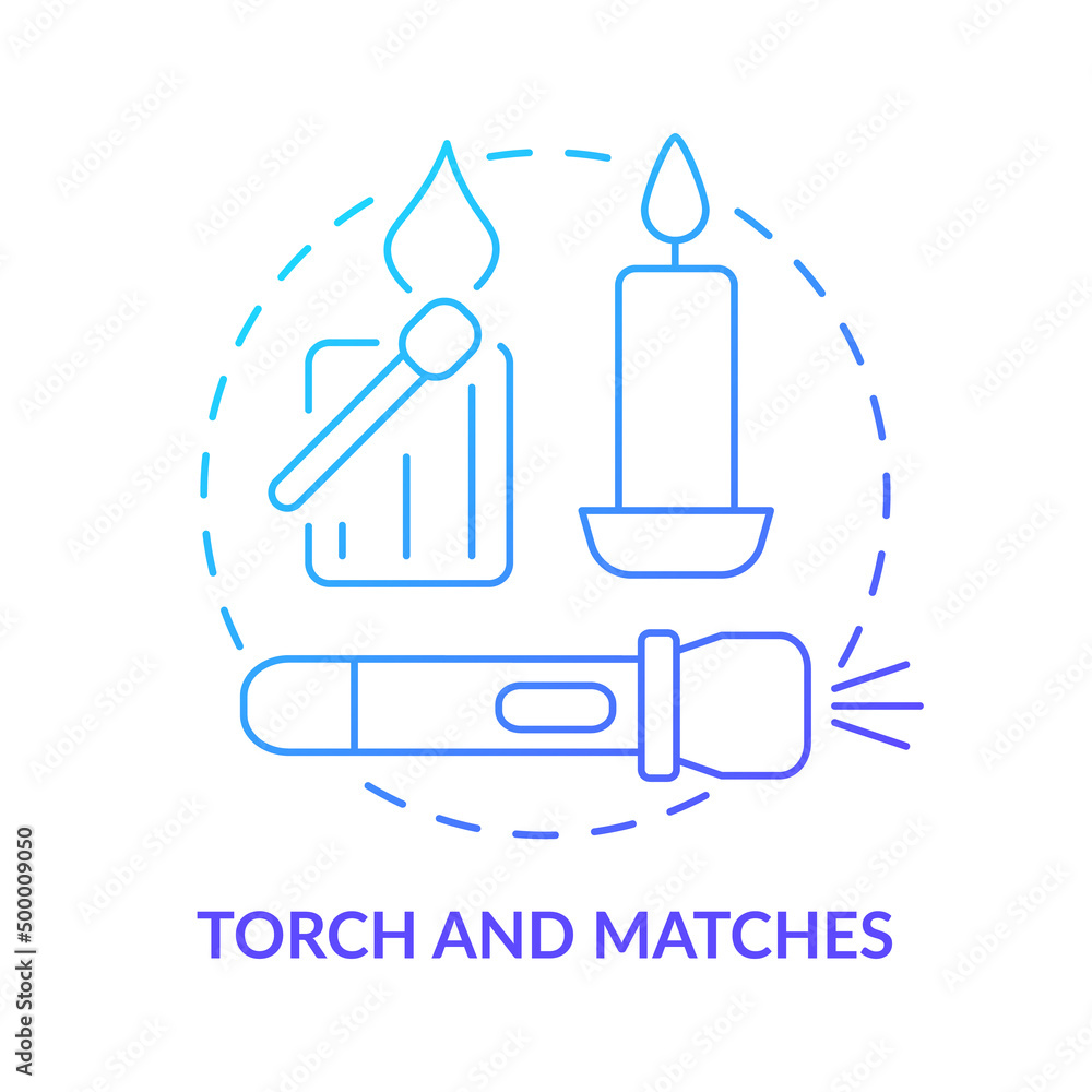 Torch and matches blue gradient concept icon. Things to pack for evacuation. Emergency preparedness abstract idea thin line illustration. Isolated outline drawing. Myriad Pro-Bold font used Torch and matches blue gradient concept icon. Things to pack for evacuation. Emergency preparedness abstract idea thin line illustration. Isolated outline drawing. Myriad Pro-Bold font used