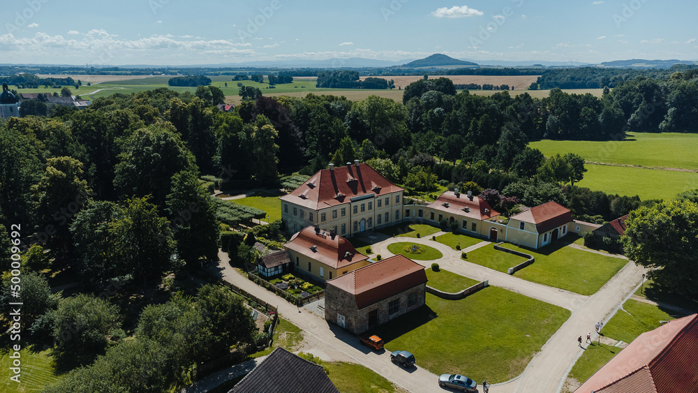 Luftaufnahme des Barockschlosses Königshain