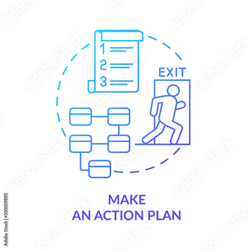 Make action plan blue gradient concept icon. Reduce stress. How to deal with emotions during war abstract idea thin line illustration. Isolated outline drawing. Myriad Pro-Bold font used