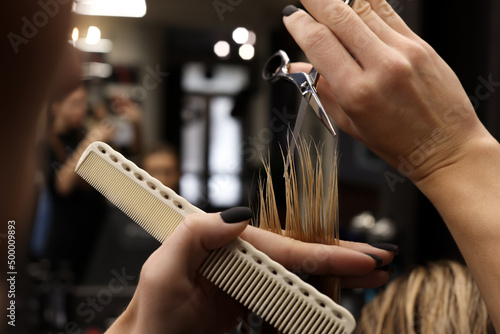 Professional hairdresser cutting woman's hair in salon, closeup