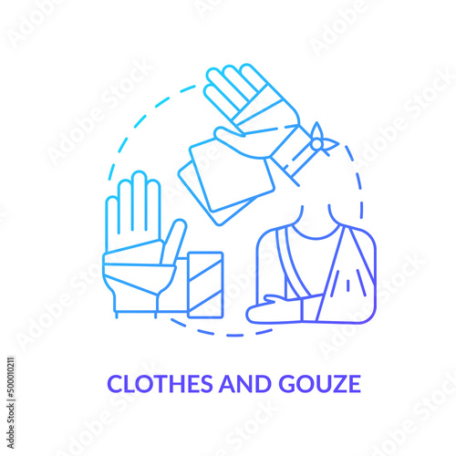 Clothes and gauze blue gradient concept icon. First aid kit components. Medical supplies to survive war abstract idea thin line illustration. Isolated outline drawing. Myriad Pro-Bold font used