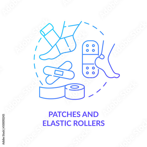 Patches and elastic rollers blue gradient concept icon. First aid kit components. Action during war abstract idea thin line illustration. Isolated outline drawing. Myriad Pro-Bold font used
