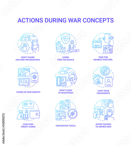 Action during war blue gradient concept icons set. Tips to help civilians idea thin line color illustrations. Isolated symbols. Editable stroke. Roboto-Medium, Myriad Pro-Bold fonts used