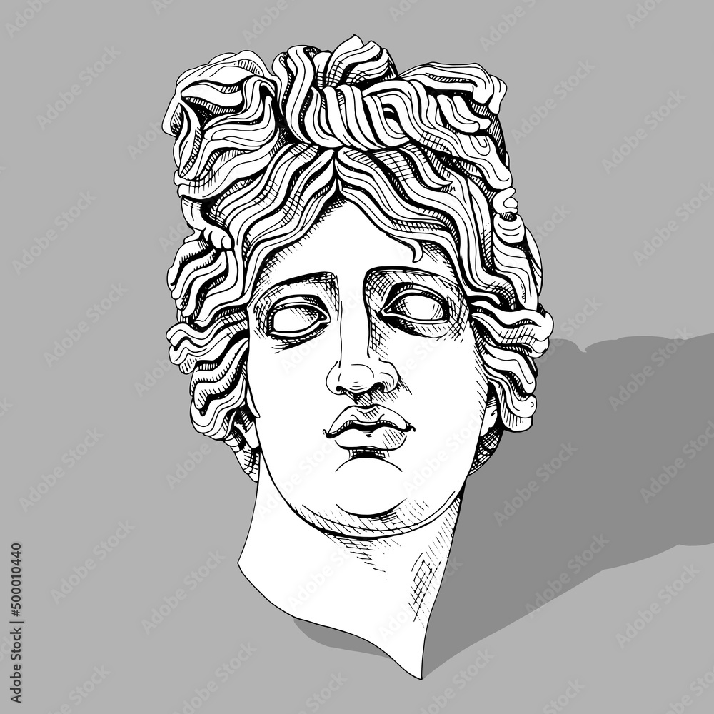 Apollo plaster head statue. Hand drawn style print. Vector illustration