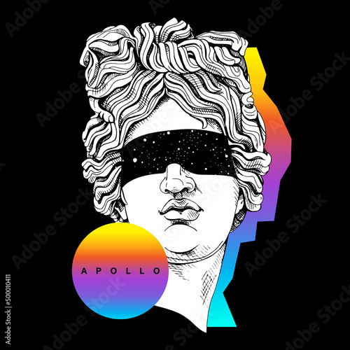 Bright colored collage in a Zine Culture style. Plaster head Apollo statue in a space Eyes glasses mask. Humor poster, t-shirt composition, hand drawn style print. Vector illustration.