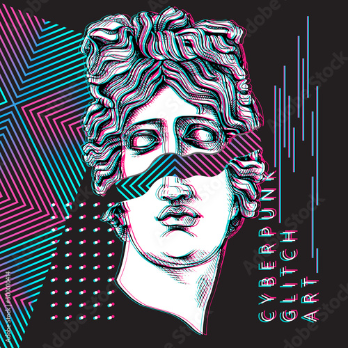 Minimalistic Bright colored collage. Apollo Plaster head statue with a geometry form. Cyberpunk glitch art. Creative poster, t-shirt composition, hand drawn style print. Vector illustration.