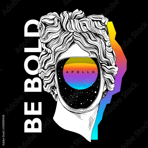Bright colored collage in a Zine Culture style. Plaster head Apollo statue without face. Humor poster, t-shirt composition, hand drawn style print. Vector illustration.