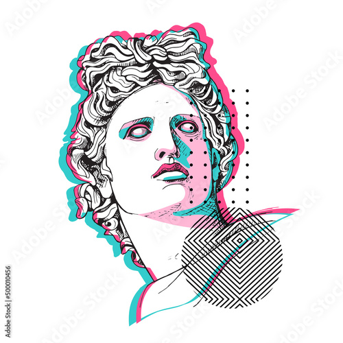 Minimalistic Bright colored collage. Apollo Plaster head statue with a geometry form. Cyberpunk glitch art. Creative poster, t-shirt composition, hand drawn style print. Vector illustration.