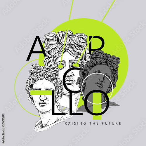 Bright colored collage in a Zine Culture style. Apollo Plaster head statue with a geometry form. Humor poster, t-shirt composition, hand drawn style print. Vector illustration.