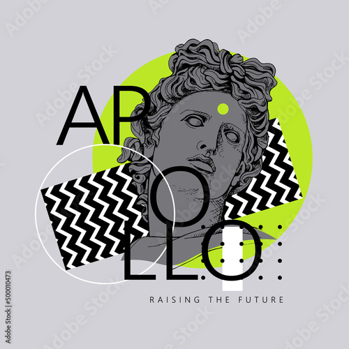 Bright colored collage in a Zine Culture style. Apollo Plaster head statue with a geometry form. Humor poster, t-shirt composition, hand drawn style print. Vector illustration. photo