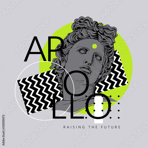 Bright colored collage in a Zine Culture style. Apollo Plaster head statue with a geometry form. Humor poster, t-shirt composition, hand drawn style print. Vector illustration.