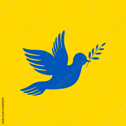 White dove with olive branch on Ukraine flag. Ukraine and Russia war