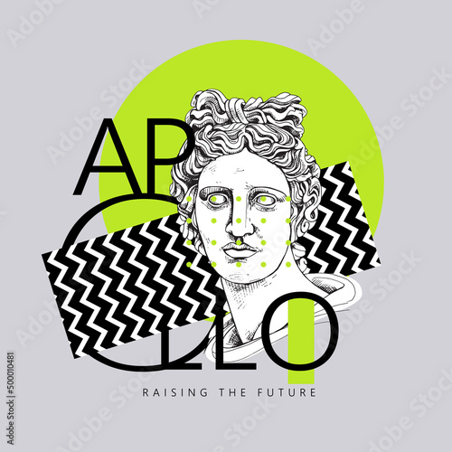 Bright colored collage in a Zine Culture style. Apollo Plaster head statue with a geometry form. Humor poster, t-shirt composition, hand drawn style print. Vector illustration.