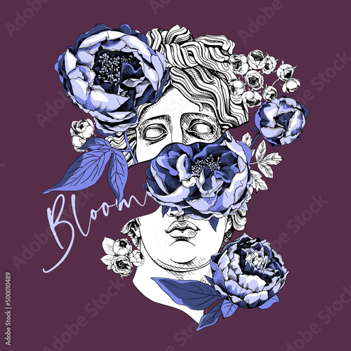 Apollo Plaster head statue with a blue peony flowers and buds on a dark burgundy background. Creative poster, t-shirt composition, hand drawn style print. Vector illustration.