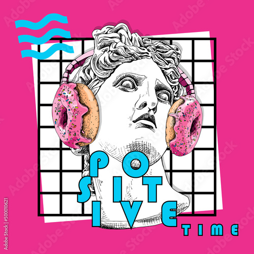 Collage in a Memphis art  style. Apollo Plaster head statue in the donuts headphone and with a decor geometry. Humor poster, t-shirt composition, hand drawn style print. Vector illustration.