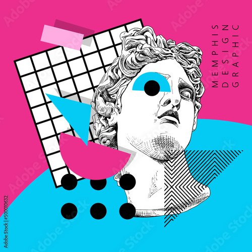 Bright colored collage in a Memphis art  style. Apollo Plaster head statue with a decor geometry. Humor poster, t-shirt composition, hand drawn style print. Vector illustration.