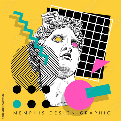 Bright colored collage in a Memphis art  style. Apollo Plaster head statue with a decor geometry. Humor poster, t-shirt composition, hand drawn style print. Vector illustration.