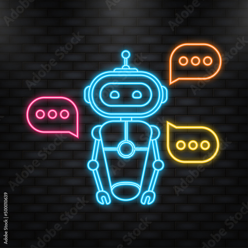Neon Icon. Chatbot icon concept, chat bot or chatterbot. Robot Virtual Assistance Of Website Or Mobile Applications. Vector illustration.