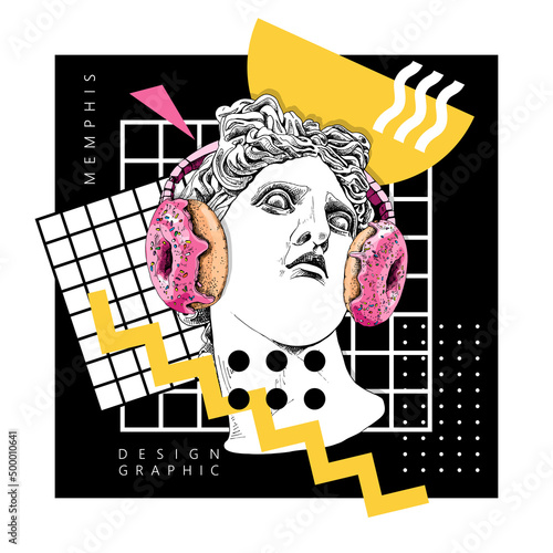 Collage in a Memphis art  style. Apollo Plaster head statue in the donuts headphone and with a decor geometry. Humor poster, t-shirt composition, hand drawn style print. Vector illustration.