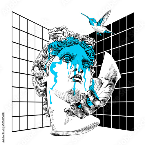Collage in a Memphis art style. Apollo Plaster head statue with the hand and Hummingbird. Creative poster, t-shirt composition, hand drawn style print. Vector illustration.