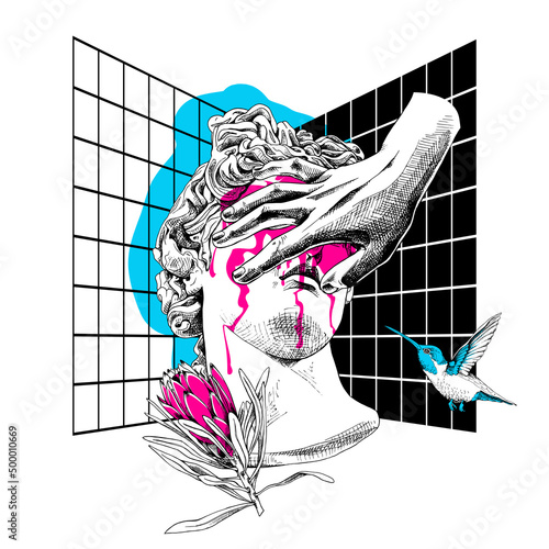 Collage in a Memphis art style. Apollo Plaster head statue with the hand, protea flower and Hummingbird. Creative poster, t-shirt composition, hand drawn style print. Vector illustration.
