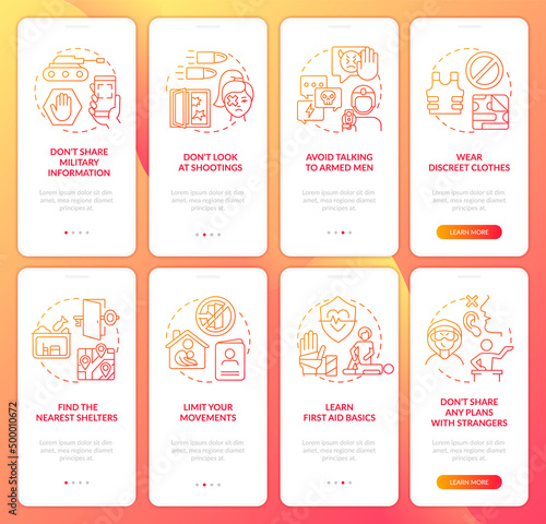Actions at war conflict red gradient onboarding mobile app screen set. Walkthrough 4 steps graphic instructions pages with linear concepts. UI, UX, GUI template. Myriad Pro-Bold, Regular fonts used