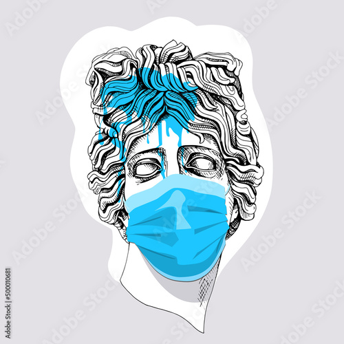 Apollo Plaster head statue in the blue medical mask and with a blot of paint. Creative poster, hand drawn style print. Vector illustration.