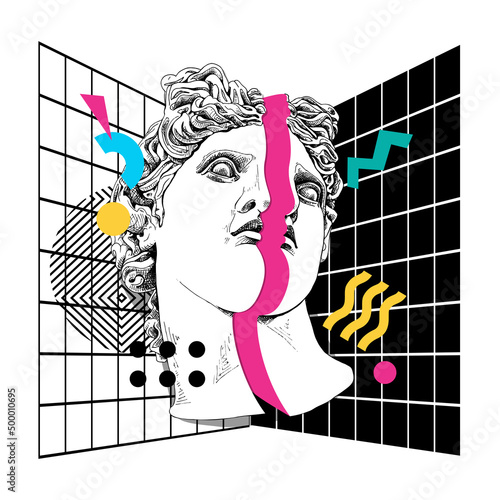 Bright colored collage in a Memphis art  style. Apollo Plaster head statue with a decor geometry. Humor poster, t-shirt composition, hand drawn style print. Vector illustration.