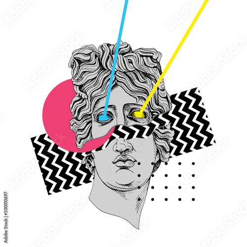 Bright colored collage in a Zine Culture style. Apollo Plaster head statue with a geometry form. Humor poster, t-shirt composition, hand drawn style print. Vector illustration.