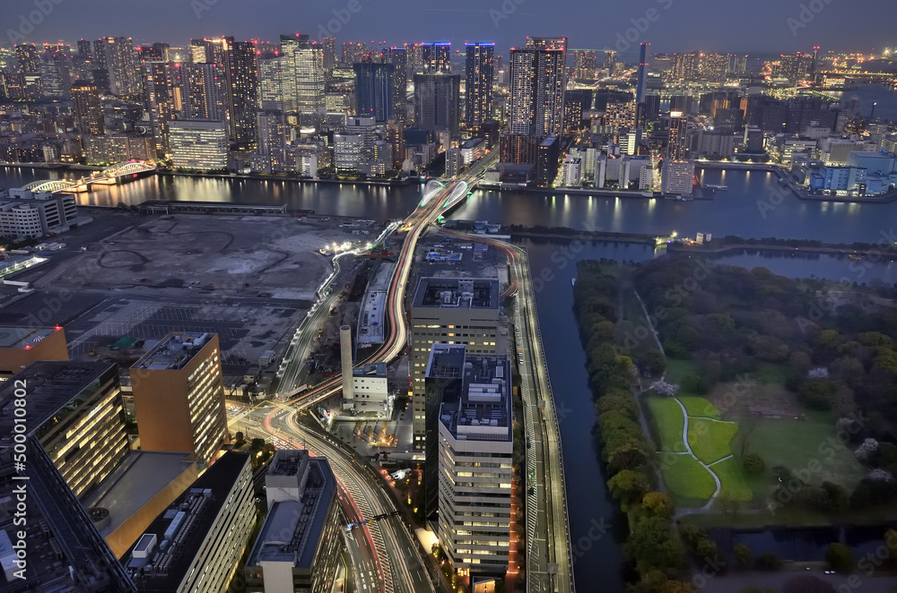 Fototapeta premium カレッタ汐留から見る汐留の夕景と築地大橋の光跡