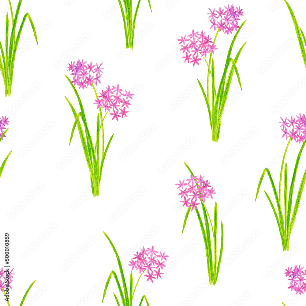 Fototapeta premium Seamless pattern of delicate pink flowers with bright green leaves on a white background. Pencil drawing.